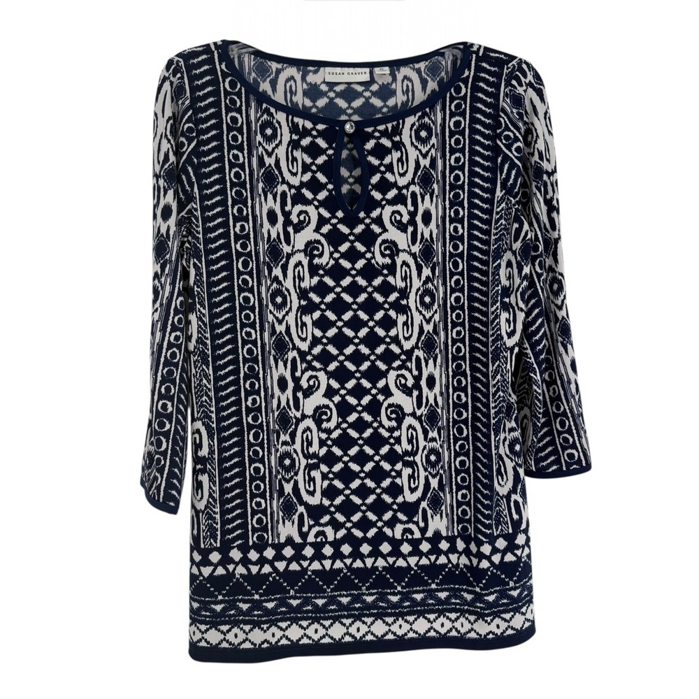 Susan Graver Liquid Knit Top Size XS Blue White Abstract Tunic Cutout